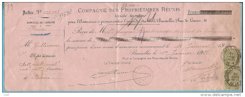 59 Op Recu Met Stempel BRUXELLES Met Firmaperforatie (perfin) "PR"   Van Compagnie Des Propriétaires Réunis - 1863-09