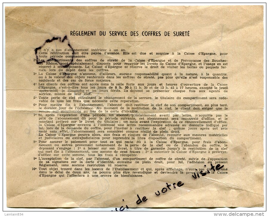 - Reçu Caisse D´Epargne De Marseille, 1965, Service Des Coffres De Sûreté, Timbre Fiscal, Mr SEGUI, BE, Scans. - Bank En Verzekering