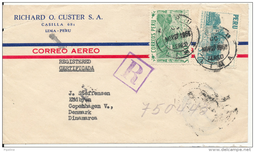 Peru Registered Air Mail Cover Sent To Denmark 27-11-1953 (the Cover Is Damaged In The Left Side) - Peru