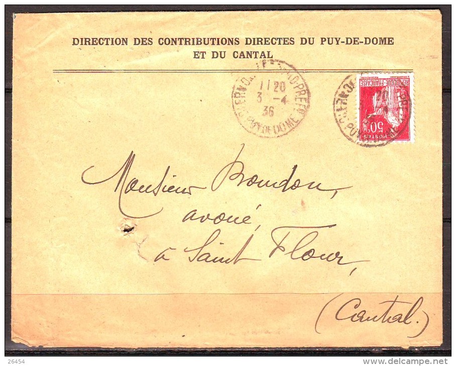 Lettre  De CLERMONT FERRAND PREF   Le  3 4 1936  Pour ST FLOUR      DAGUIN De ST FLOUR Au Verso - 1932-39 Paix