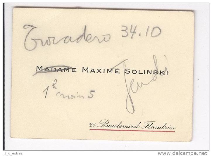 Carte De Visite Mme Maxime Solinski  Boulevard Flandrin (Paris) Surcharge Manuscrite - Cartes De Visite