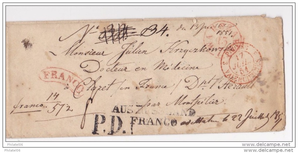 LETTRE DE VARSOVIE (POLOGNE RUSSE) 1854  PASSEE PAR BERLIN ET ENTREE A VALENCIENNES - ...-1860 Préphilatélie