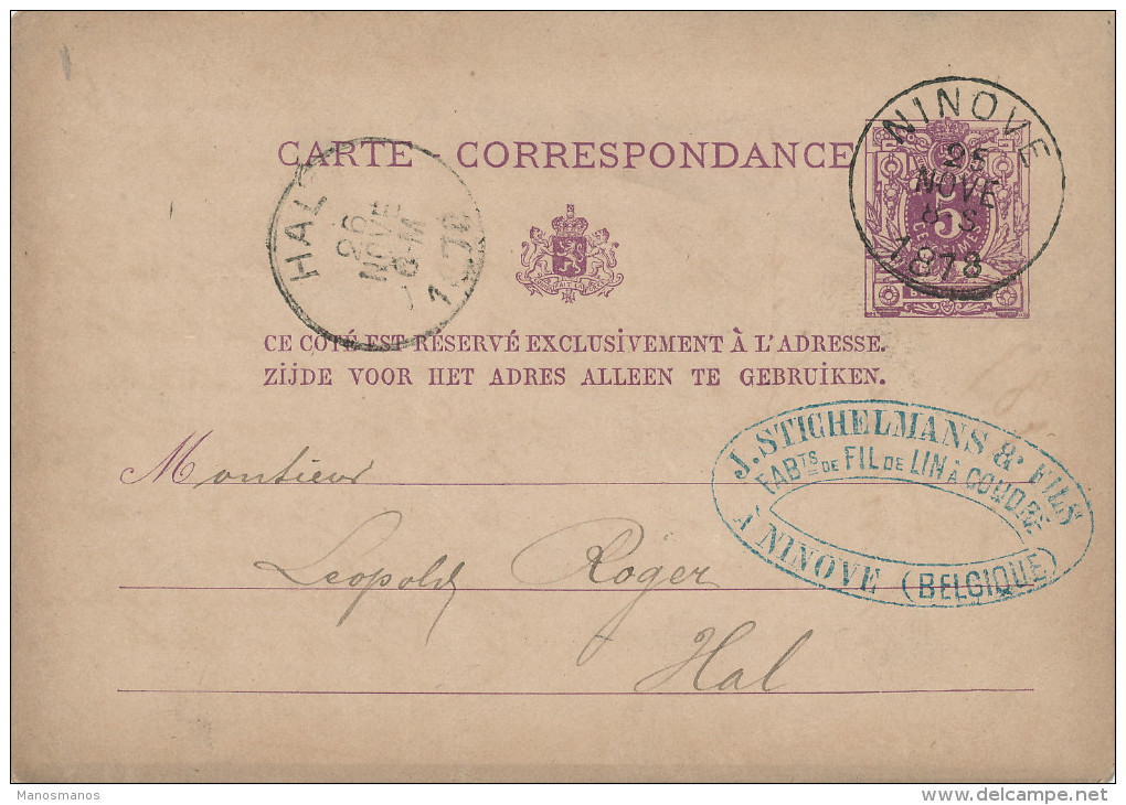 381/21 - Entier Postal Lion Couché NINOVE 1878 Vers LEMBECQ - Cachet Stichelmans § Fils , Fabricants De Fil De Lin - Cartes Postales 1871-1909