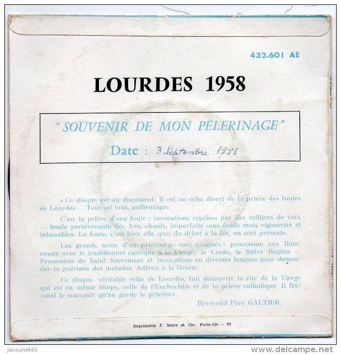 Lourdes 65  Disque 45 Tours Centenaire De Apparition En 1958 - Religion & Esotericism
