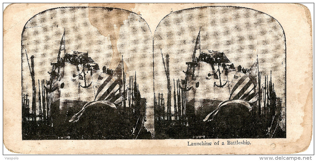 WW1 MILITARY NAVY LAUNCHING OF A BATTLESHIP VINTAGE STEREO  POSTCARD - Stereoscope Cards