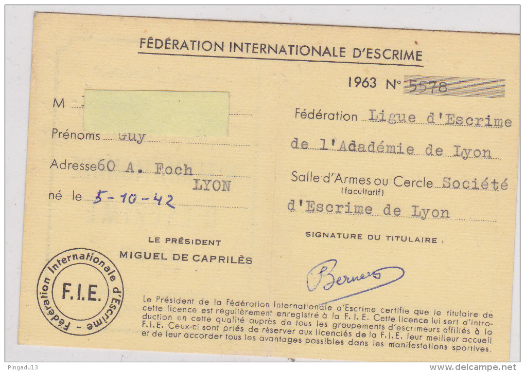 Au Plus Rapide Licence Amateur Fédération Internationale D´escrime Année 1963 - Escrime