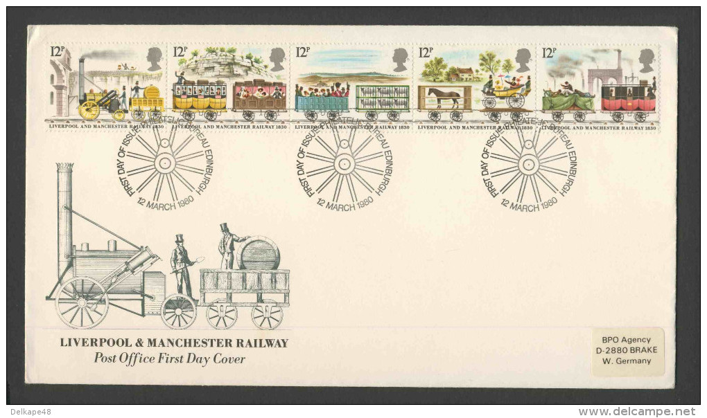 Great Britain 1980 FDC + Mi 830 / 34 - 150th Ann. Liverpool-Manchester Railway (1830) / Eisenbahn / Chemin De Fer - Treinen