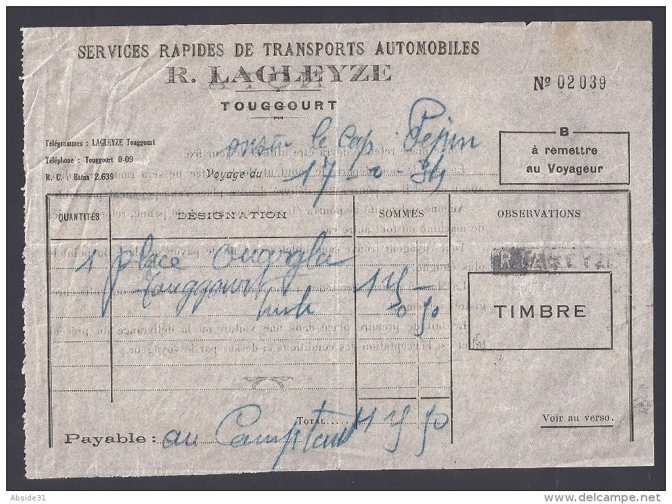 ALGERIE - Transports Automobiles R. LAGLEYZE - TOUGGOURT  1934 - 2 Scans - Mundo