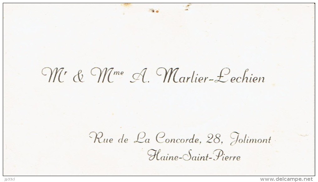 Ancienne Carte De Visite De M. Et Mme A. Marlière-Lechien, Rue De La Concorde, Jolimont Haine-Saint-Pierre (vers 1935) - Visiting Cards