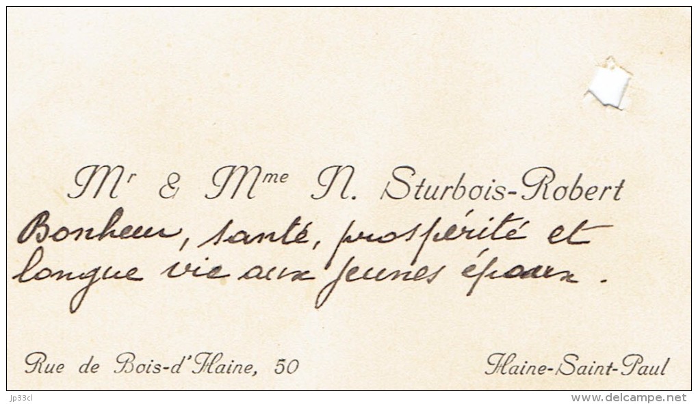 Ancienne Carte De Visite De M. Et Mme Sturbois-Robert, Rue De Bois-d´Haine, Haine-Saint-Paul (vers 1935) - Visiting Cards