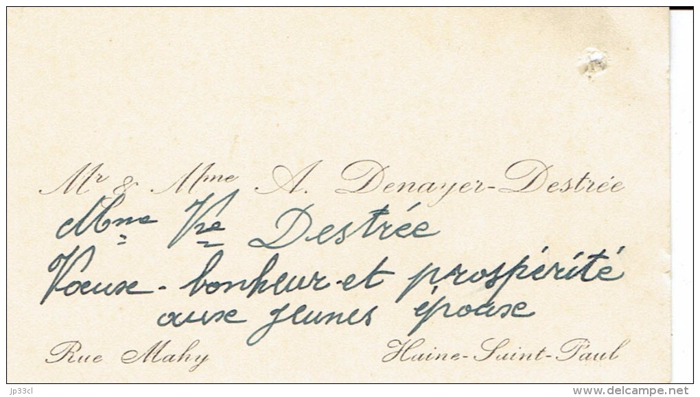 Ancienne Carte De Visite De M. Et Mme A Denayer-Destrée, Rue Mahy, Haine-Saint-Paul (vers 1935) - Cartes De Visite