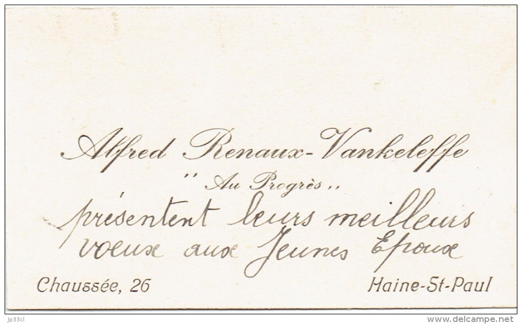 Ancienne Carte De Visite De M. Et Mme Alfred Renaux-Vankeleffe "Au Progrès", Chaussée, Haine-Saint-Paul (vers 1935) - Cartes De Visite