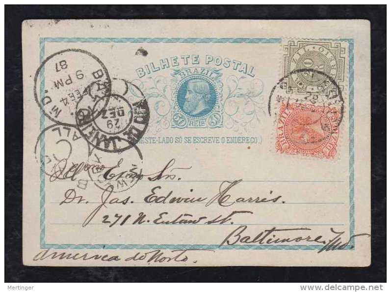 Brazil Brasil 1886 Uprated Stationery Card SAO PAULO To BALTIMORE USA - Lettres & Documents