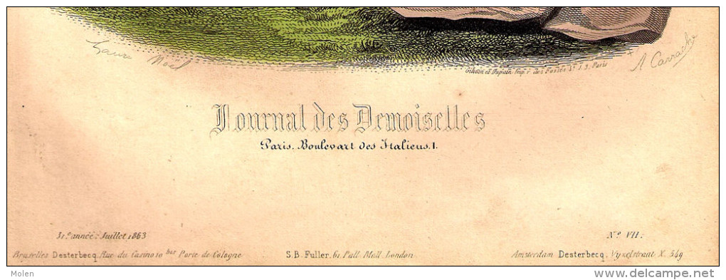 GRAVURE DE MODE Juil 1863 JOURNAL DES DEMOISELLES Fillette Au Cerises Chapeau Litho Lithographie Engraving Eau-forte R62 - Autres & Non Classés