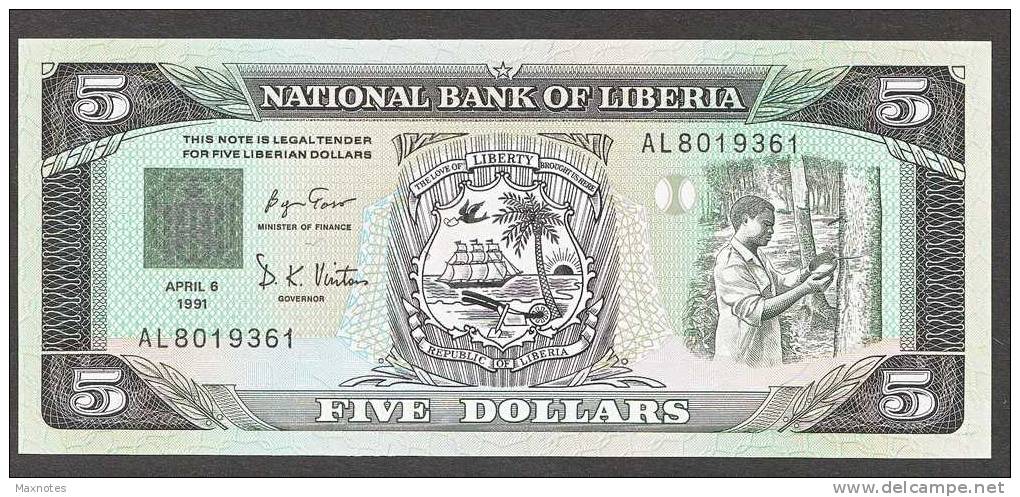 LIBERIA : 5 Dollars - 1991 - P20 - FDS - Liberia
