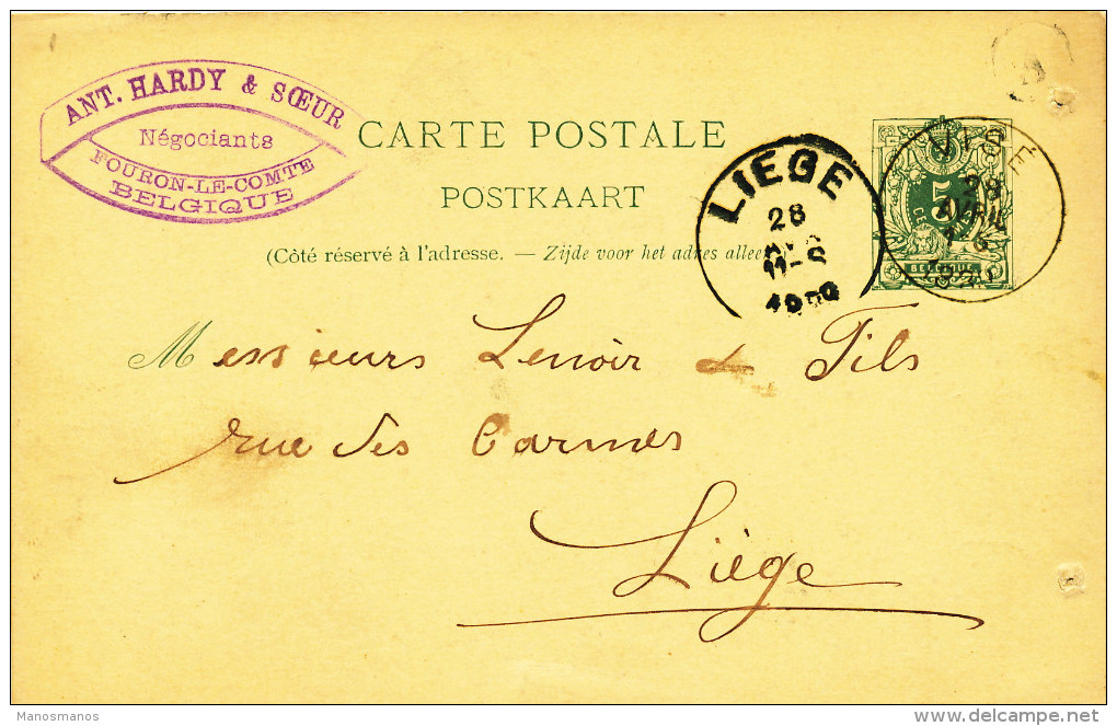 418/21 - Entier Postal Lion Couché VISE 1889 - RARE Boite Rurale A - Cachet Hardy , Négociants à FOURON LE COMTE - Landelijks Post