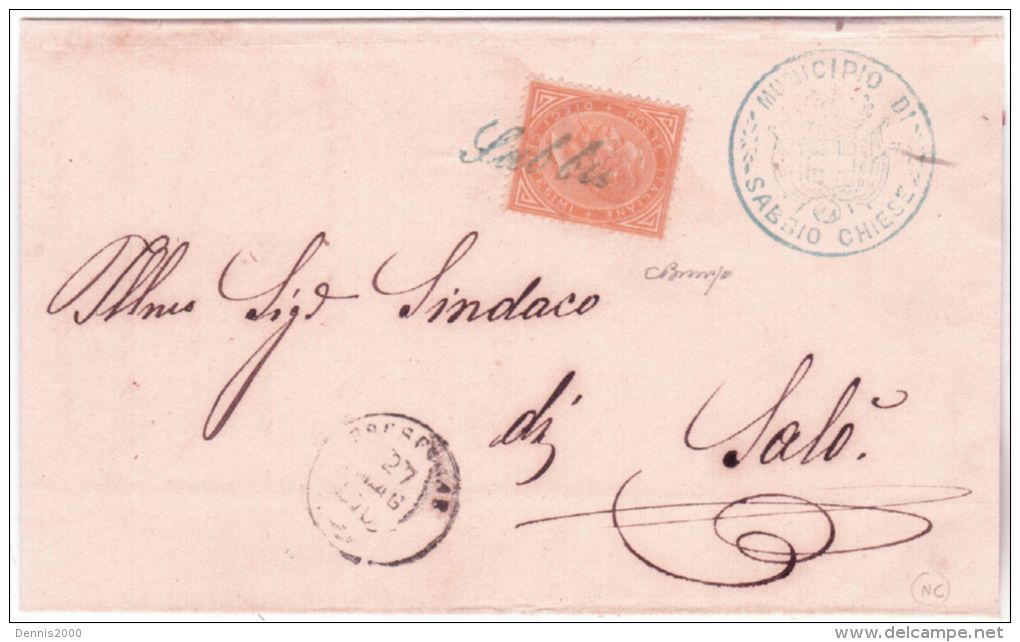 1878 - Collettoria Da SABBIO , Prov. Di Bergamo - Storia Postale