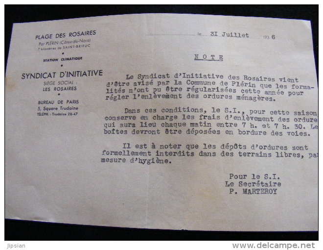 Syndicat D´ Initiative De La Plage Des Rosaires 31 Juillet 1936 Note Feuillet  M1 Saint Brieuc - Sports & Tourisme