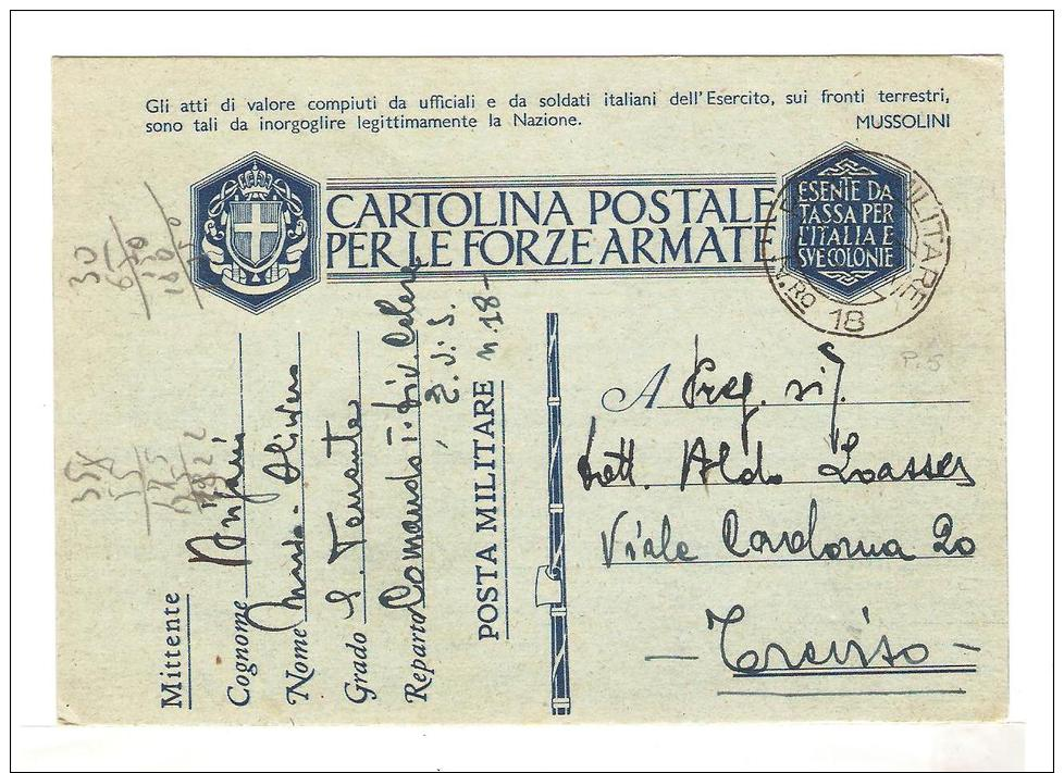 POSTA MILITARE.POSTA MILITARE N.18.STORIA POSTALE.REGNO.CARTOLINA POSTALE PER LE FORZE ARMATE.COMANDO DIVIS.CELERE.3288 - Militaire Post (PM)