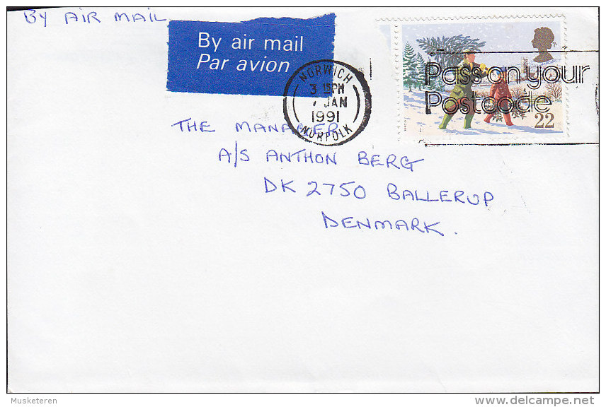 Great Britain BY AIR MAIL Par Avion Label NORWICH Norfolk 1991 Cover Brief BALLERUP Denmark Christmas Weihnachten Stamp - Brieven En Documenten