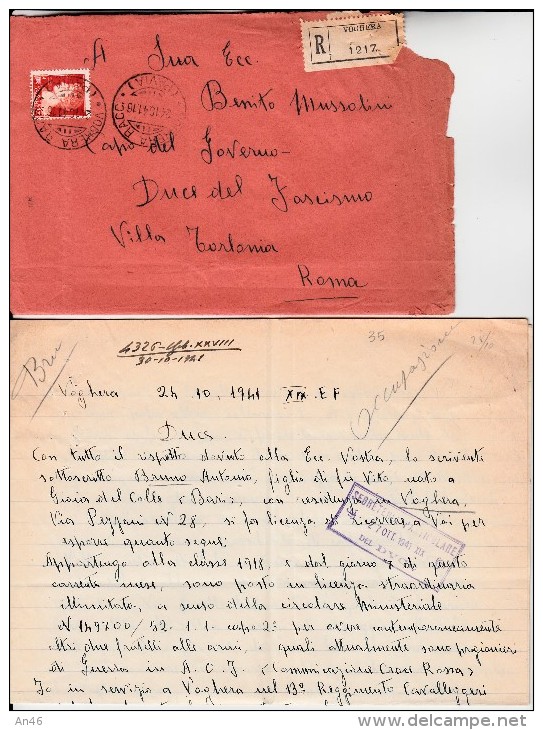 STORIA POSTALE-SU BUSTA-LETTERA RACCOMANDATA DI DUE PAGINE FORMATO PROTOCOLLO SCRITTE SPEDITA A BENITO MUSSOLINI-ROMA - Poste