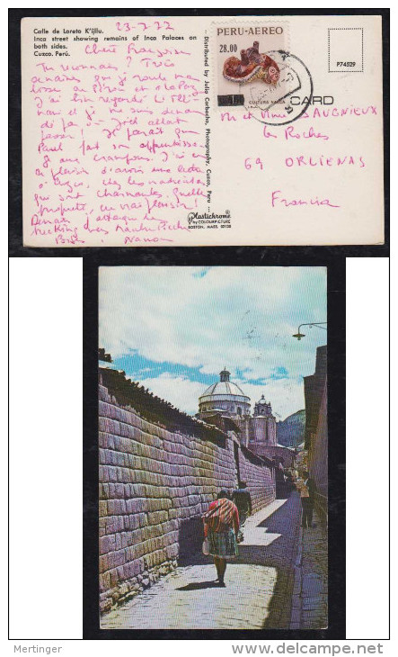 Peru 1977 Picture Postcard Mask Overprint Stamp CUZCO To ORLEANS France - Peru