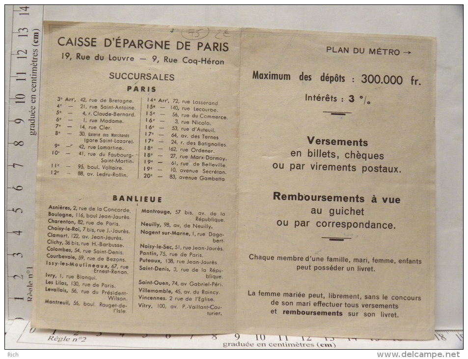 (75) Paris - Plan Du Métro - Caisse D'épargne De Paris - 19 Rue Du Louvre - 9 Rue Coq Héron - Other & Unclassified