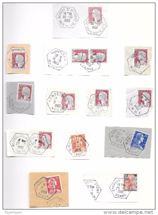 D 38 Oblitérations Hexagonales Sur Timbres Des Années 50-60 , 13 Pièces - Autres & Non Classés