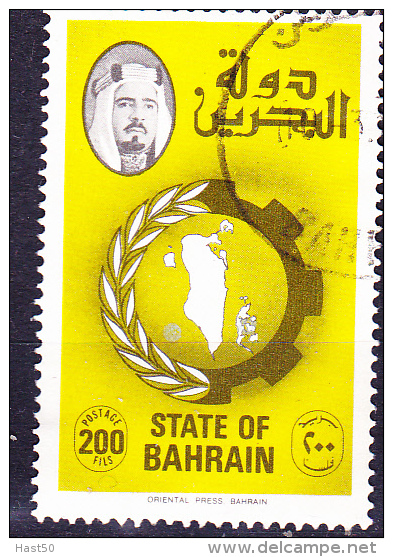 Bahrein - Ährenzweig, Zahnrad, Karte Von Bahrain, Porträt Des Emirs (Mi.Nr. 247 I) 1976 - Gest. Used Obl - Bahrain (1965-...)