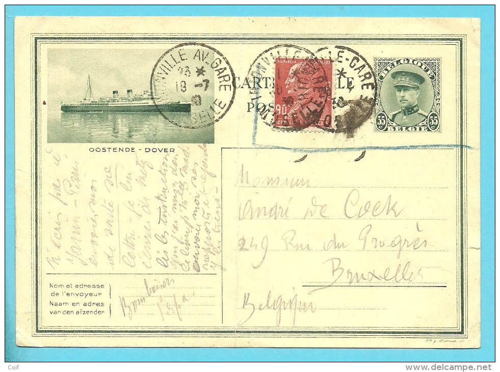 Franse Postzegel Op Postkaart (Oostende-Dover) Ontwaard Met Stempel THIONVILLE-GARE Op 19/7/30 !!! - Illustrated Postcards (1971-2014) [BK]