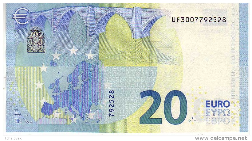 20 Euros 2015 Serie UF U001I6, N° UF 3007792528,  Signature 3 Mario Draghi UNC - 20 Euro