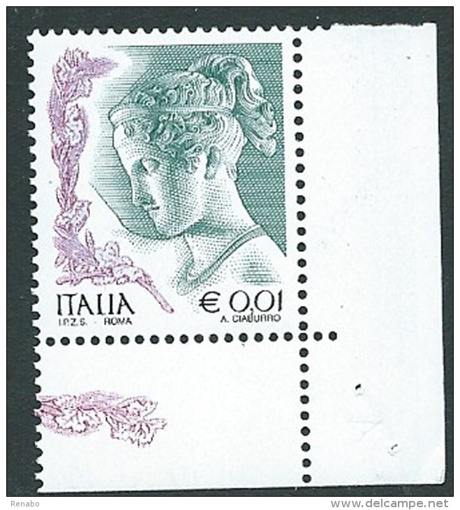 Italia 2002 ; La Donna Nell' Arte Da &euro; 0,01 ; Angolo Inferiore Destro; Ebe; Scultura Di Antonio Canova. - 2001-10:  Nuovi