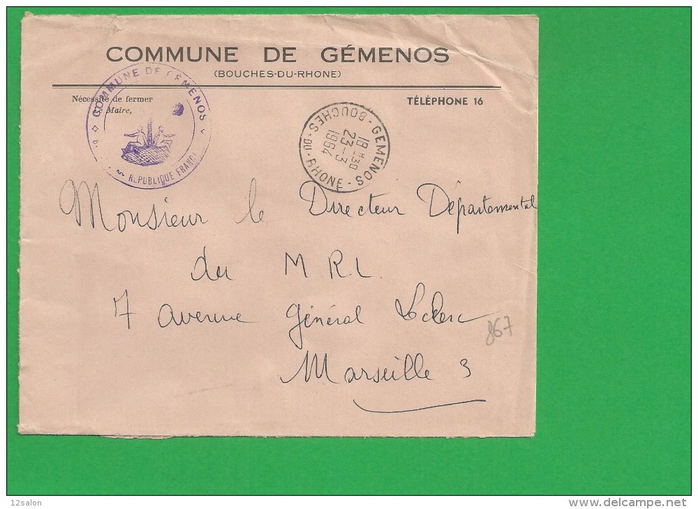LETTRE BOUCHES DU RHONE GEMENOS En Franchise - 1961-....