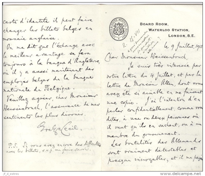 Lettres De Evelyn Cecil (3) M Of P, Son Fils Robert W. E. Cecil (2). London & Windsor 1915-1918 & Louis Weissenbruch (1) - Other & Unclassified