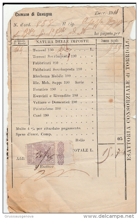 DOC1) GENOVA COMUNE DAVAGNA IMPOSTA SUI TERRENI 1911 INSOLITO DOCUMENTO MARCA DA BOLLO DIMENSIONI 10,5 X 17 Cm - Italia