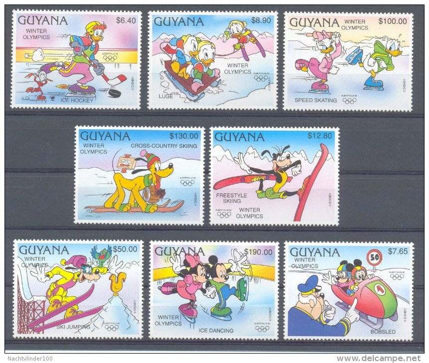 NapD813 WALT DISNEY OLYMPISCHE SPELEN SKIING SKATING ICEHOCKEY BOBSLED DOG OLYMPIC GAMES ALBERTVILLE GUYANA 1991 PF/MNH - Disney