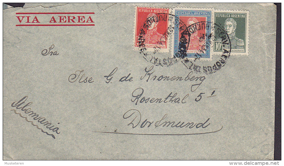 Argentina VIA Aerea GUILERMO GROSSE, BUENOS AIRES 1934 Cover Letra DORTMUND Germany 3x Bolivar (2 Scans) - Briefe U. Dokumente