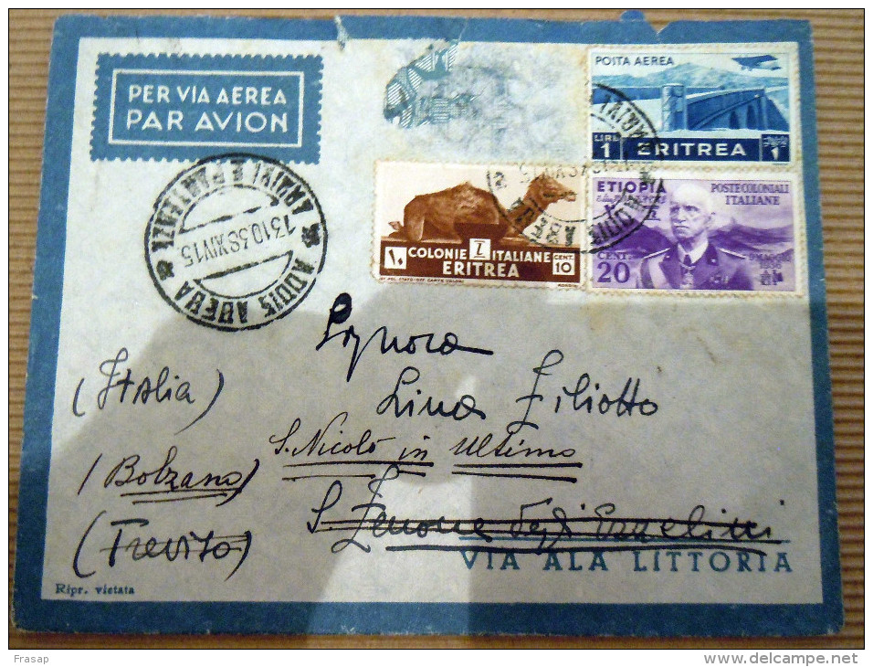 STORIA POSTALE -BUSTA COVER - ADDIS ABEBA   ITALIA   ERITREA 20+10 CENT + 1 LIRA   1938 - Erythrée