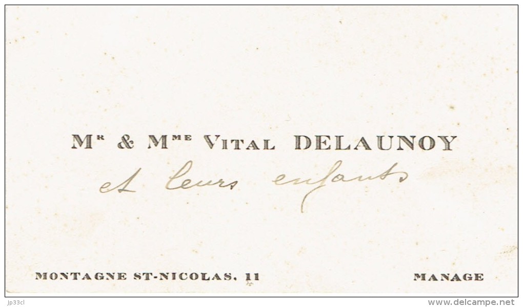 Ancienne Carte De Visite De M. Et Mme Vital Delaunoy, Montagne St-Nicolas, Manage (vers 1935) - Visitenkarten