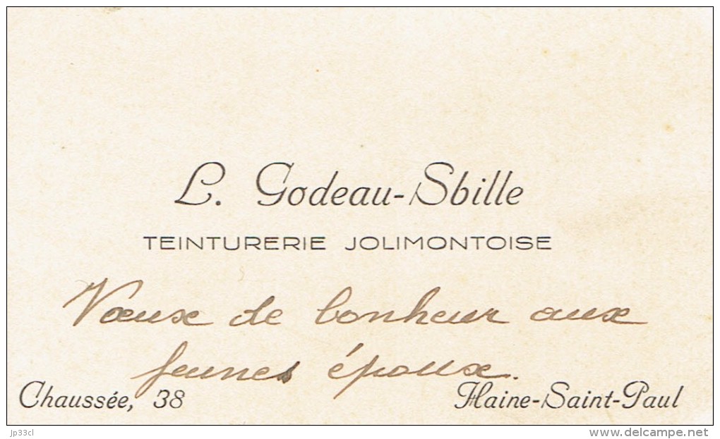 Ancienne Carte De Visite De L. Godeau-Sbille, Teinturerie Jolimontoise, Chaussée, Jolimont Haine-Saint-Paul (vers 1935) - Visitenkarten