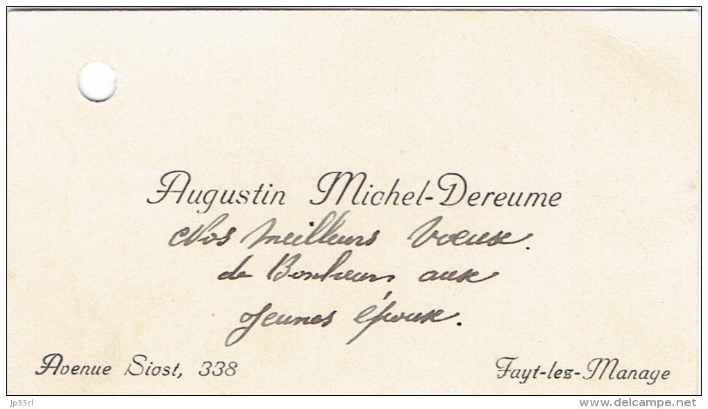 Ancienne Carte De Visite D'Augustin Michel Dereume, Avenue Siost, Fayt-lez-Manage (vers 1935) - Cartes De Visite