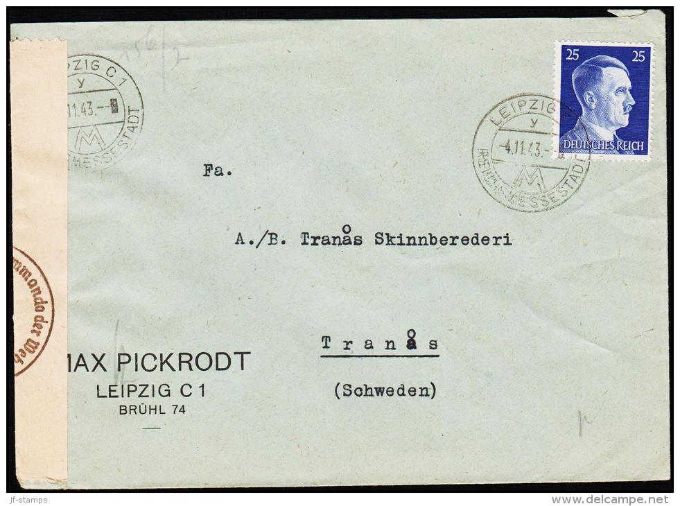 1943. 25 Pf. Hitler LEIPZIG REICHSMESSESTADT 4.11.43. To Tranås, Schweden. Geöffnet Obe... (Michel: 793) - JF190019 - Briefe U. Dokumente