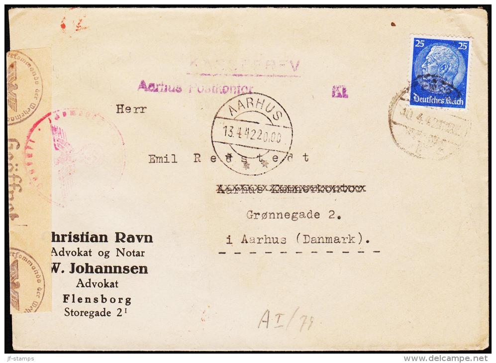 1942. 25 Pf. Hindenburg FLENSBURG 10.4.42 To Dänemark KASSEBREV Aarhus Postkontor Geöff... (Michel: 522) - JF190036 - Briefe U. Dokumente