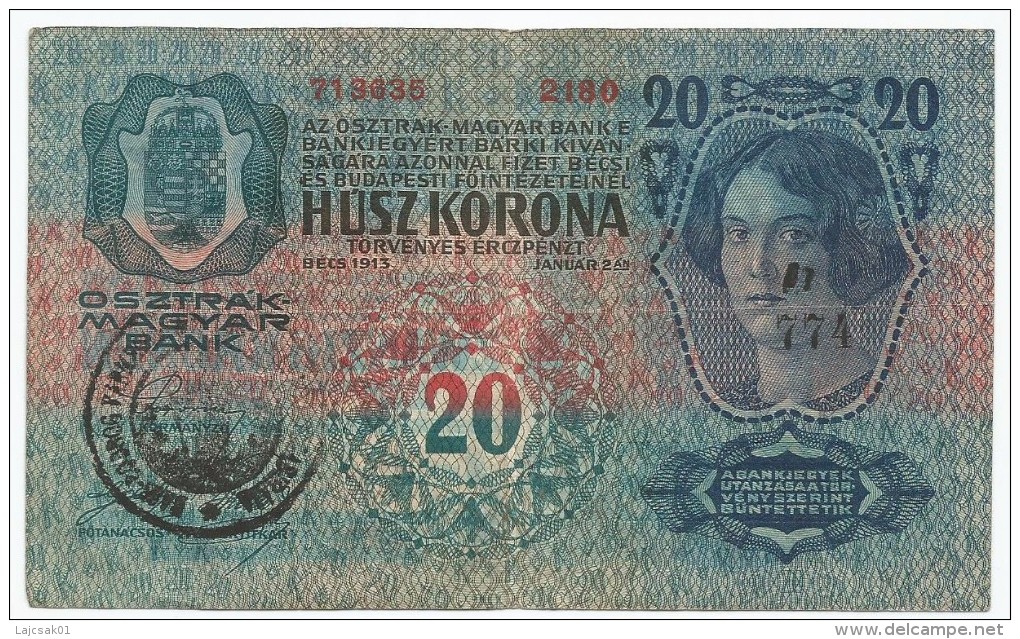 Yugoslavia Pick-2. Validated Austro-Hungarian Banknote 20 Korona 1913. Apatin Cancel (1918-19) - Yougoslavie