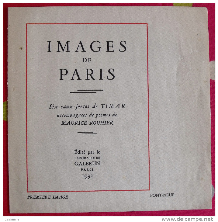 Images De Paris. Eau-forte De Timar + Poème De Maurice Rouhier (pont-neuf). 1932. Galbrun - Autres & Non Classés