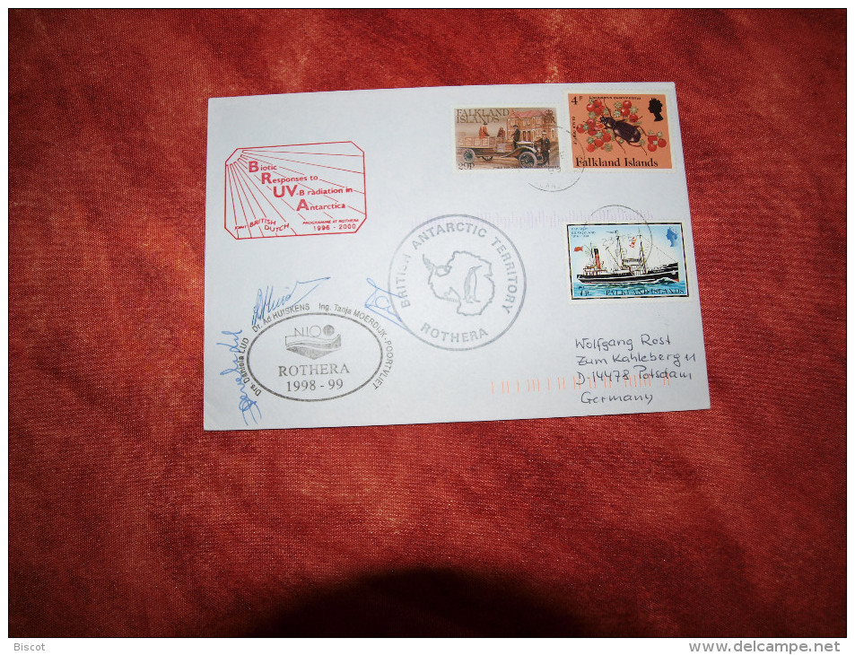 Falkland 1999 Cachets Base Rothera Enveloppe Ayant Voyagé - Cartas & Documentos