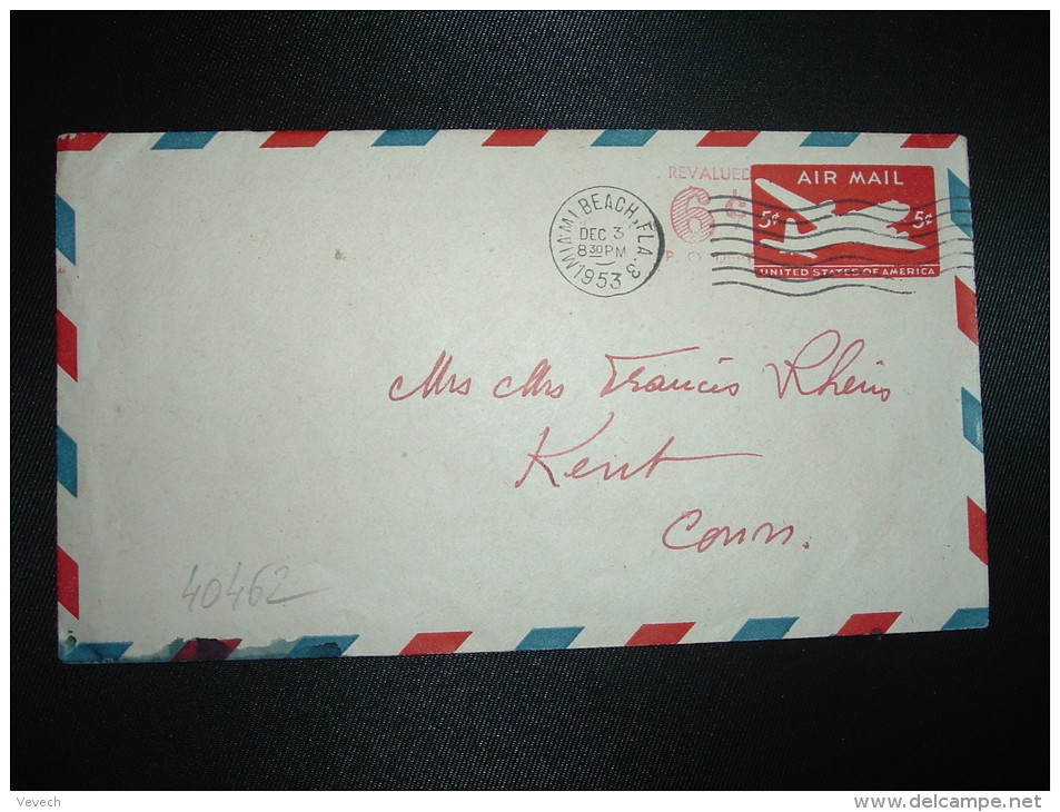 LETTRE ENTIER AVION 5c + REVALUED 6c OBL.MEC.DEC 3 1953 MIAMI BEACH - 1941-60