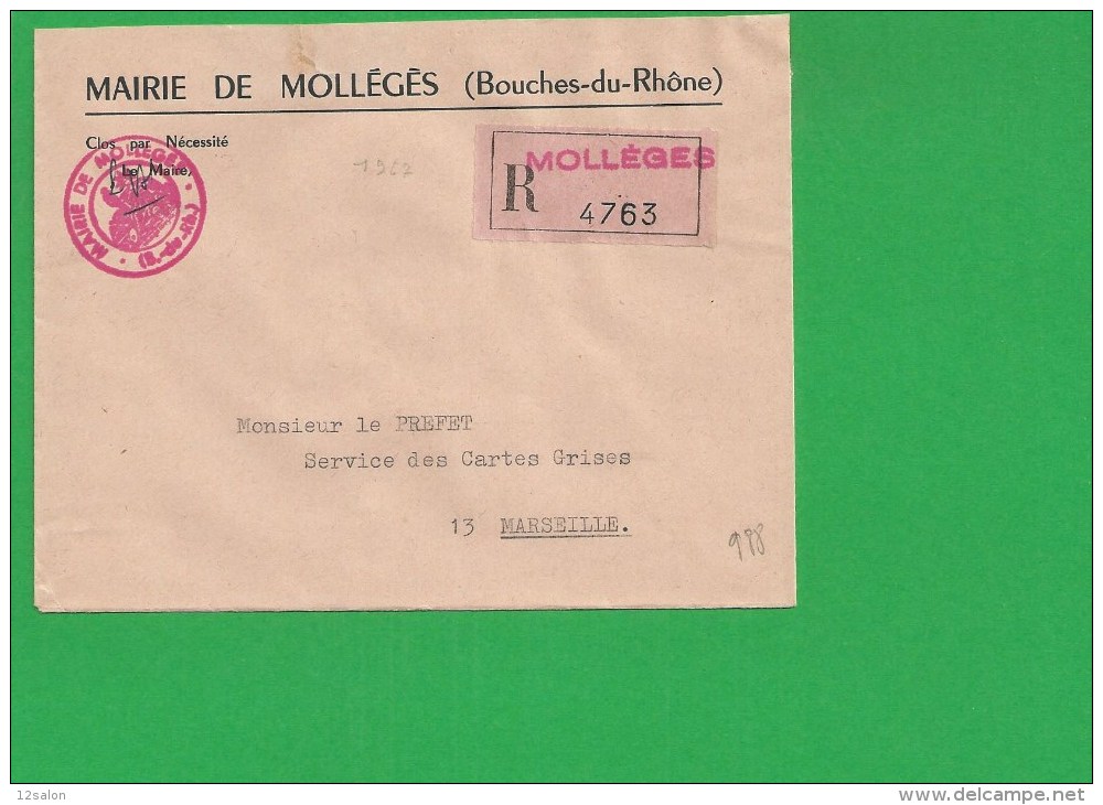 LETTRE BOUCHES DU RHONE MOLLEGES En Recommandé Sans Marque Postale - 1961-....