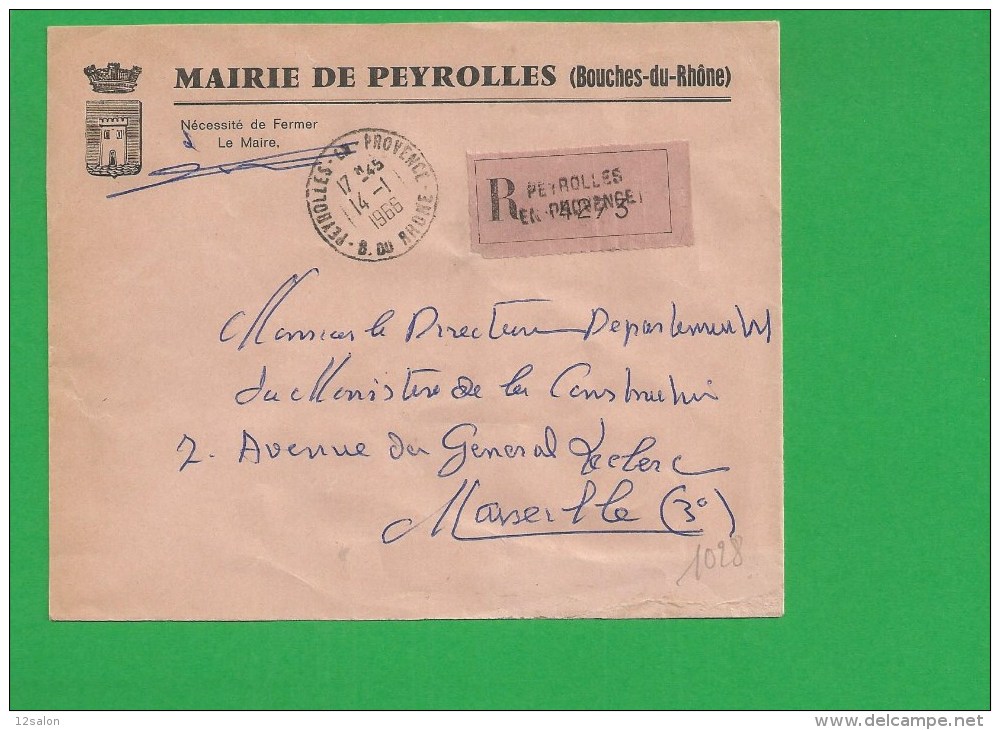 LETTRE BOUCHES DU RHONE PEYROLLES  Recommandé En Franchise - 1961-....