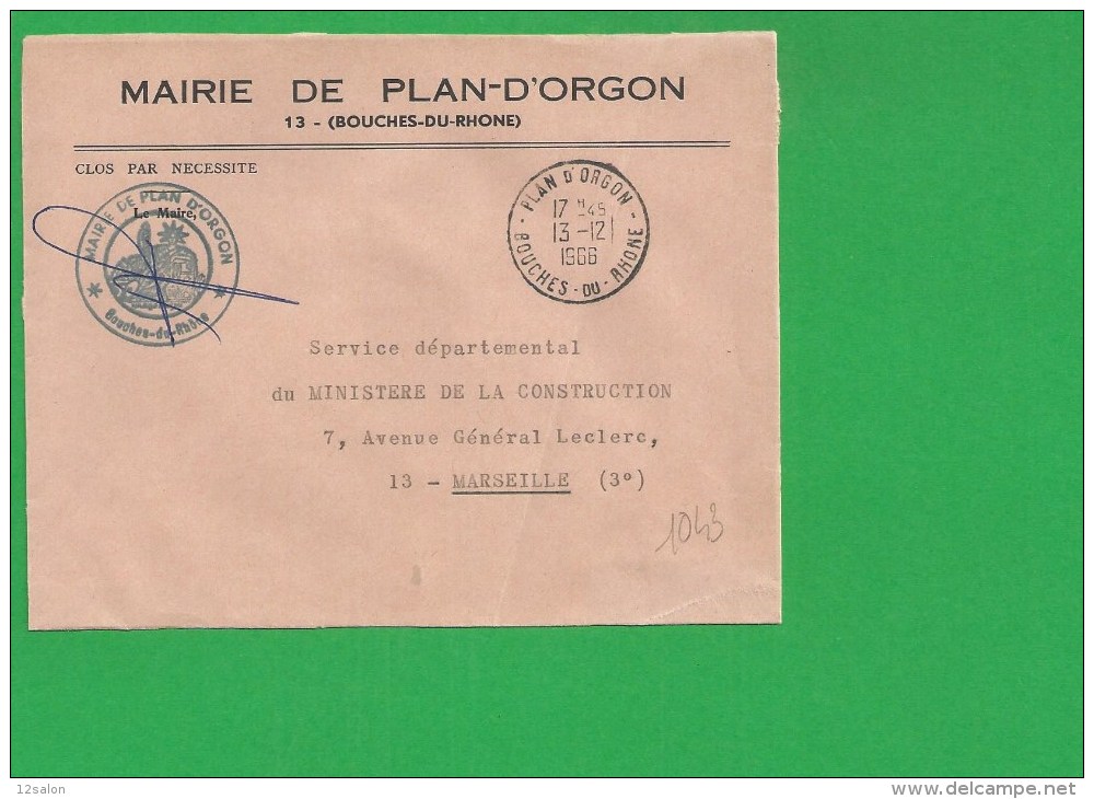 LETTRE BOUCHES DU RHONE PLAN D' ORGON En Franchise - 1961-....